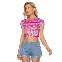 Hawaiian Hibiscus Honu Raglan Cropped T Shirt Pink Mele Kalikimaka Palaka Spirit LT9 Female Pink - Polynesian Pride