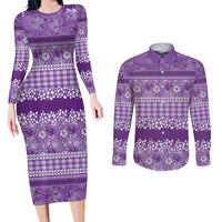 Hawaiian Hibiscus Honu Couples Matching Long Sleeve Bodycon Dress and Long Sleeve Button Shirt Purple Mele Kalikimaka Palaka Spirit LT9 Purple - Polynesian Pride