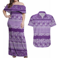 Hawaiian Hibiscus Honu Couples Matching Off Shoulder Maxi Dress and Hawaiian Shirt Purple Mele Kalikimaka Palaka Spirit LT9 Purple - Polynesian Pride