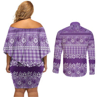 Hawaiian Hibiscus Honu Couples Matching Off Shoulder Short Dress and Long Sleeve Button Shirt Purple Mele Kalikimaka Palaka Spirit LT9 - Polynesian Pride