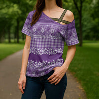 Hawaiian Hibiscus Honu Cross Shoulder Shirt Purple Mele Kalikimaka Palaka Spirit LT9 - Polynesian Pride