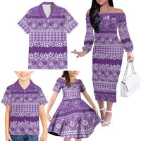 Hawaiian Hibiscus Honu Family Matching Off The Shoulder Long Sleeve Dress and Hawaiian Shirt Purple Mele Kalikimaka Palaka Spirit LT9 - Polynesian Pride