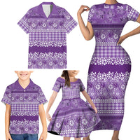 Hawaiian Hibiscus Honu Family Matching Short Sleeve Bodycon Dress and Hawaiian Shirt Purple Mele Kalikimaka Palaka Spirit LT9 - Polynesian Pride