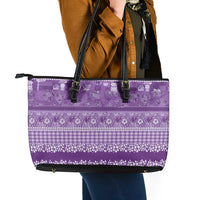 Hawaiian Hibiscus Honu Leather Tote Bag Purple Mele Kalikimaka Palaka Spirit LT9 - Polynesian Pride