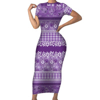 Hawaiian Hibiscus Honu Short Sleeve Bodycon Dress Purple Mele Kalikimaka Palaka Spirit LT9 Long Dress Purple - Polynesian Pride