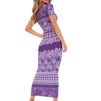 Hawaiian Hibiscus Honu Short Sleeve Bodycon Dress Purple Mele Kalikimaka Palaka Spirit LT9 - Polynesian Pride