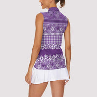 Hawaiian Hibiscus Honu Women Sleeveless Polo Shirt Purple Mele Kalikimaka Palaka Spirit LT9 - Polynesian Pride