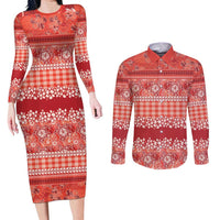 Hawaiian Hibiscus Honu Couples Matching Long Sleeve Bodycon Dress and Long Sleeve Button Shirt Red Mele Kalikimaka Palaka Spirit LT9 Red - Polynesian Pride