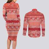 Hawaiian Hibiscus Honu Couples Matching Long Sleeve Bodycon Dress and Long Sleeve Button Shirt Red Mele Kalikimaka Palaka Spirit LT9 - Polynesian Pride