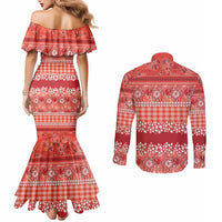 Hawaiian Hibiscus Honu Couples Matching Mermaid Dress and Long Sleeve Button Shirt Red Mele Kalikimaka Palaka Spirit LT9 - Polynesian Pride