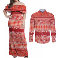 Hawaiian Hibiscus Honu Couples Matching Off Shoulder Maxi Dress and Long Sleeve Button Shirt Red Mele Kalikimaka Palaka Spirit LT9 Red - Polynesian Pride