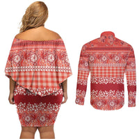 Hawaiian Hibiscus Honu Couples Matching Off Shoulder Short Dress and Long Sleeve Button Shirt Red Mele Kalikimaka Palaka Spirit LT9 - Polynesian Pride