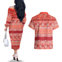 Hawaiian Hibiscus Honu Couples Matching Off The Shoulder Long Sleeve Dress and Hawaiian Shirt Red Mele Kalikimaka Palaka Spirit LT9 - Polynesian Pride