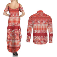 Hawaiian Hibiscus Honu Couples Matching Summer Maxi Dress and Long Sleeve Button Shirt Red Mele Kalikimaka Palaka Spirit LT9 - Polynesian Pride