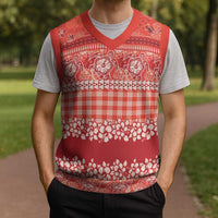Hawaiian Hibiscus Honu Christmas Knitted V-Neck Vest Red Mele Kalikimaka Palaka Spirit LT9 - Polynesian Pride