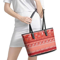 Hawaiian Hibiscus Honu Leather Tote Bag Red Mele Kalikimaka Palaka Spirit - Polynesian Pride