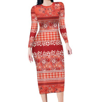 Hawaiian Hibiscus Honu Long Sleeve Bodycon Dress Red Mele Kalikimaka Palaka Spirit LT9 Long Dress Red - Polynesian Pride