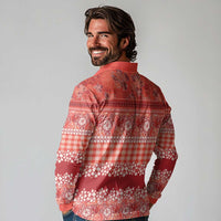 Hawaiian Hibiscus Honu Long Sleeve Polo Shirt Red Mele Kalikimaka Palaka Spirit LT9 - Polynesian Pride