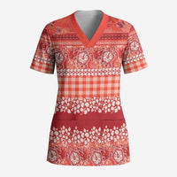 Hawaiian Hibiscus Honu Scrub Top Red Mele Kalikimaka Palaka Spirit - Polynesian Pride