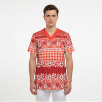 Hawaiian Hibiscus Honu Scrub Top Red Mele Kalikimaka Palaka Spirit - Polynesian Pride