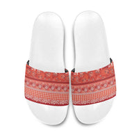Hawaiian Hibiscus Honu Slide Sandals Red Mele Kalikimaka Palaka Spirit - Polynesian Pride