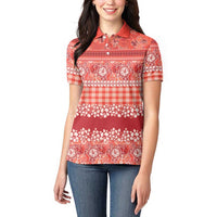 Hawaiian Hibiscus Honu Women Polo Shirt Red Mele Kalikimaka Palaka Spirit LT9 - Polynesian Pride