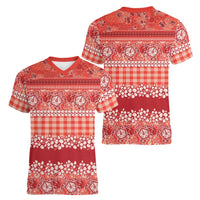 Hawaiian Hibiscus Honu Women V-Neck T-Shirt Red Mele Kalikimaka Palaka Spirit LT9 - Polynesian Pride