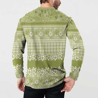 Hawaiian Hibiscus Honu Button Sweatshirt Sage Green Mele Kalikimaka Palaka Spirit - Polynesian Pride