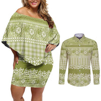 Hawaiian Hibiscus Honu Couples Matching Off Shoulder Short Dress and Long Sleeve Button Shirt Sage Green Mele Kalikimaka Palaka Spirit LT9 Sage Green - Polynesian Pride