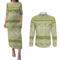 Hawaiian Hibiscus Honu Couples Matching Puletasi and Long Sleeve Button Shirt Sage Green Mele Kalikimaka Palaka Spirit LT9 Sage Green - Polynesian Pride