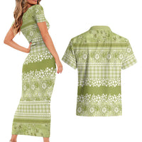 Hawaiian Hibiscus Honu Couples Matching Short Sleeve Bodycon Dress and Hawaiian Shirt Sage Green Mele Kalikimaka Palaka Spirit LT9 - Polynesian Pride