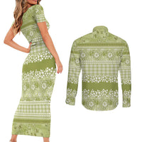 Hawaiian Hibiscus Honu Couples Matching Short Sleeve Bodycon Dress and Long Sleeve Button Shirt Sage Green Mele Kalikimaka Palaka Spirit LT9 - Polynesian Pride