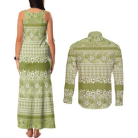 Hawaiian Hibiscus Honu Couples Matching Tank Maxi Dress and Long Sleeve Button Shirt Sage Green Mele Kalikimaka Palaka Spirit LT9 - Polynesian Pride