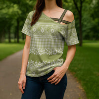 Hawaiian Hibiscus Honu Cross Shoulder Shirt Sage Green Mele Kalikimaka Palaka Spirit LT9 - Polynesian Pride