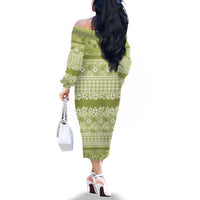 Hawaiian Hibiscus Honu Family Matching Off The Shoulder Long Sleeve Dress and Hawaiian Shirt Sage Green Mele Kalikimaka Palaka Spirit LT9 - Polynesian Pride