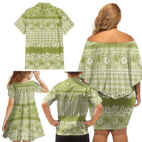 Hawaiian Hibiscus Honu Family Matching Off Shoulder Short Dress and Hawaiian Shirt Sage Green Mele Kalikimaka Palaka Spirit LT9 - Polynesian Pride