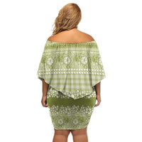 Hawaiian Hibiscus Honu Family Matching Off Shoulder Short Dress and Hawaiian Shirt Sage Green Mele Kalikimaka Palaka Spirit LT9 - Polynesian Pride