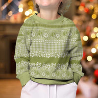 Hawaiian Hibiscus Honu Kid Ugly Christmas Sweater Sage Green Mele Kalikimaka Palaka Spirit LT9 - Polynesian Pride