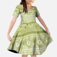 Hawaiian Hibiscus Honu Kid Short Sleeve Dress Sage Green Mele Kalikimaka Palaka Spirit LT9 KID Sage Green - Polynesian Pride
