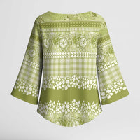 Hawaiian Hibiscus Honu Kimono Sleeve Blouse Sage Green Mele Kalikimaka Palaka Spirit LT9 - Polynesian Pride