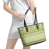 Hawaiian Hibiscus Honu Leather Tote Bag Sage Green Mele Kalikimaka Palaka Spirit LT9 - Polynesian Pride
