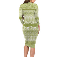 Hawaiian Hibiscus Honu Long Sleeve Bodycon Dress Sage Green Mele Kalikimaka Palaka Spirit LT9 - Polynesian Pride