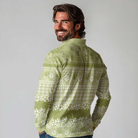 Hawaiian Hibiscus Honu Long Sleeve Polo Shirt Sage Green Mele Kalikimaka Palaka Spirit LT9 - Polynesian Pride