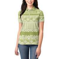 Hawaiian Hibiscus Honu Women Polo Shirt Sage Green Mele Kalikimaka Palaka Spirit - Polynesian Pride