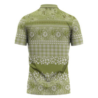 Hawaiian Hibiscus Honu Zipper Polo Shirt Sage Green Mele Kalikimaka Palaka Spirit LT9 - Polynesian Pride