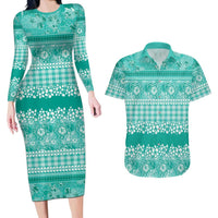 Hawaiian Hibiscus Honu Couples Matching Long Sleeve Bodycon Dress and Hawaiian Shirt Turquoise Mele Kalikimaka Palaka Spirit LT9 Turquoise - Polynesian Pride