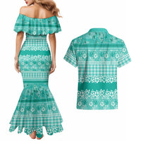 Hawaiian Hibiscus Honu Couples Matching Mermaid Dress and Hawaiian Shirt Turquoise Mele Kalikimaka Palaka Spirit LT9 - Polynesian Pride