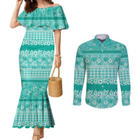 Hawaiian Hibiscus Honu Couples Matching Mermaid Dress and Long Sleeve Button Shirt Turquoise Mele Kalikimaka Palaka Spirit LT9 Turquoise - Polynesian Pride