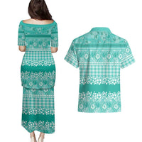 Hawaiian Hibiscus Honu Couples Matching Puletasi and Hawaiian Shirt Turquoise Mele Kalikimaka Palaka Spirit LT9 - Polynesian Pride