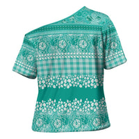 Hawaiian Hibiscus Honu Cross Shoulder Shirt Turquoise Mele Kalikimaka Palaka Spirit LT9 - Polynesian Pride